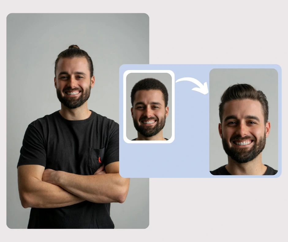 Un joven sonriente con camiseta negra prueba diferentes peinados, incluyendo un afro corto y el pelo engominado hacia atrás. La transformación virtual del peinado muestra cómo los diferentes cortes y texturas cambian su apariencia.