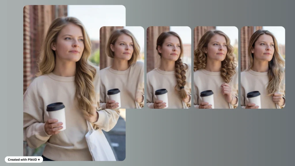 Se ve a una joven rubia sosteniendo una taza de café mientras su peinado cambia entre trenzas, rizos y cabello liso. La imagen ilustra la capacidad de PiktID para ayudar a los usuarios a probarse peinados virtualmente.