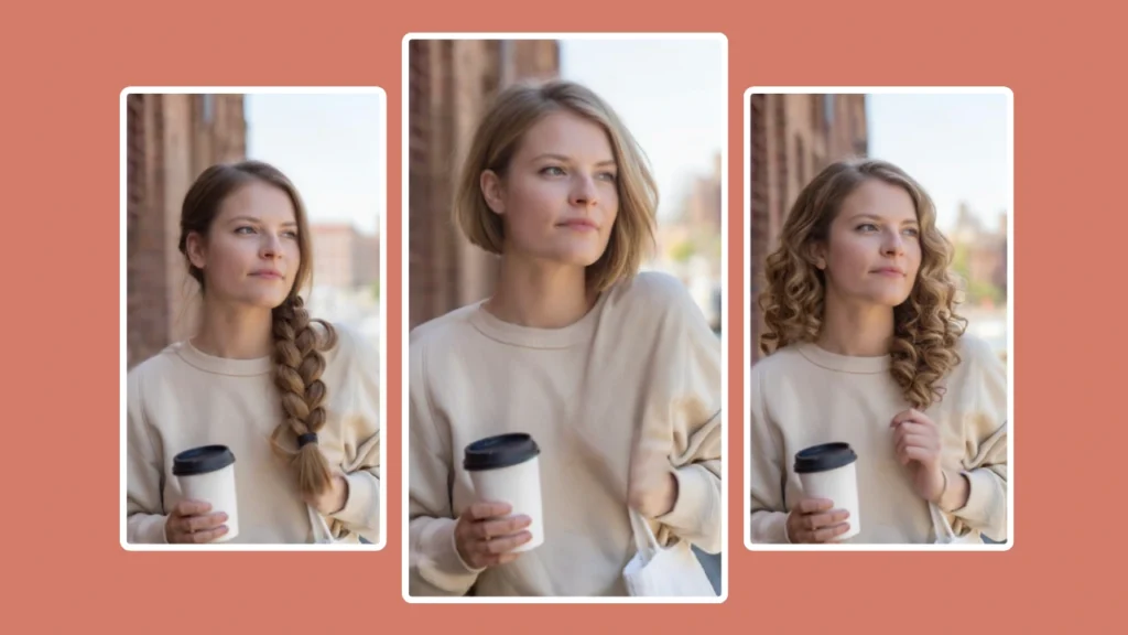 Una mujer rubia con una taza de café y un bolso de mano luce diferentes peinados. Las variaciones incluyen looks lisos, rizados y trenzados usando la herramienta de cambio de cabello virtual de PiktID.