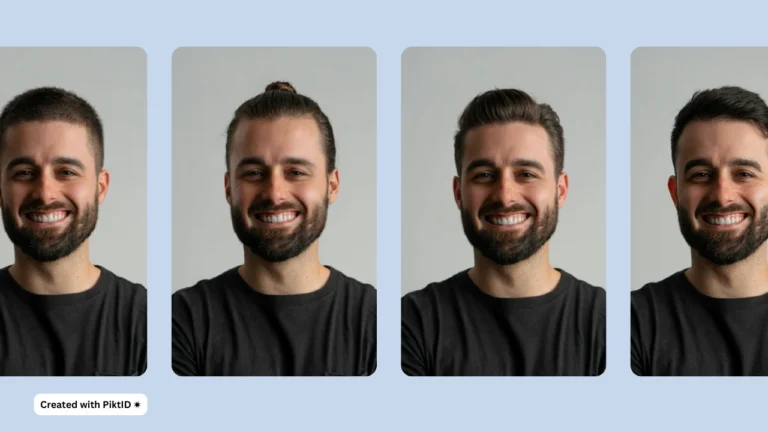 Ein lächelnder Mann ist mit verschiedenen virtuellen Frisuren in einem Rasterlayout abgebildet. Dieses Werbebild demonstriert die Leistungsfähigkeit des virtuellen Haaranprobe-Tools von PiktID.
