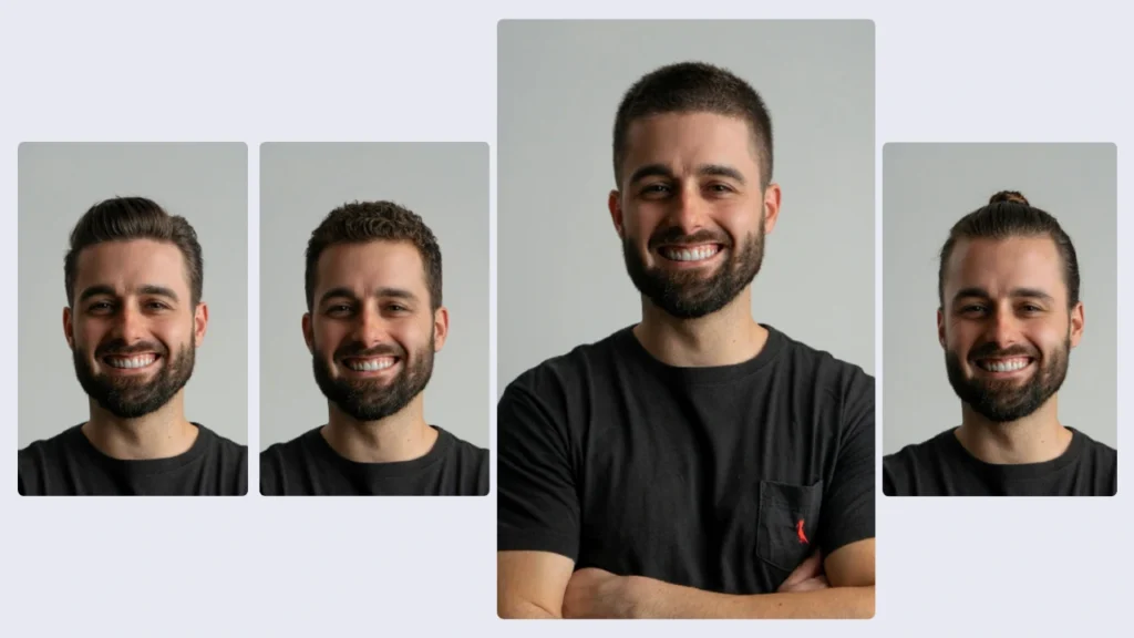 Se muestra a un hombre con camiseta negra con varios peinados, incluyendo moño, rizos y cortes de pelo cortos. Las transformaciones demuestran lo fácil que es probar varios looks virtualmente.