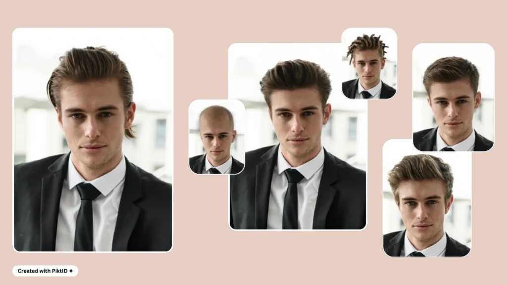Un joven con traje negro luce virtualmente varios peinados, incluyendo calvo, rastas, peinado hacia atrás y cortes cortos. El collage destaca la variedad de opciones de peinado disponibles en PiktID.