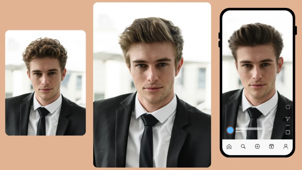 Un hombre de traje se muestra en múltiples versiones, incluyendo ajustes preestablecidos para redes sociales, con diferentes peinados. Esto demuestra cómo PiktID facilita la previsualización de looks para Instagram y otras plataformas.