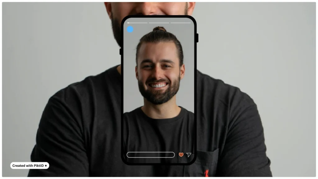 Un hombre con barba se peina con un moño masculino usando una aplicación de prueba virtual llamada PiktID. El cambio de peinado se muestra en una interfaz móvil para facilitar su visualización.