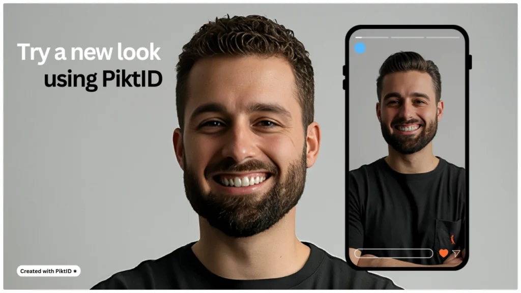 Se muestra a un hombre sonriente probándose un nuevo peinado con la app de prueba de cabello virtual de PiktID. La imagen muestra cómo los usuarios pueden previsualizar diferentes peinados al instante en sus teléfonos.