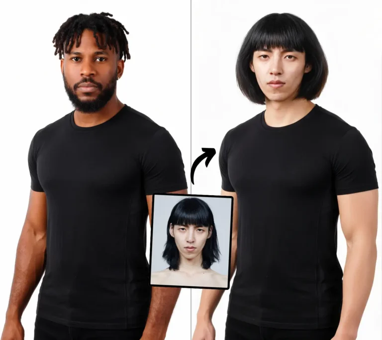 Zwei Männer tragen schwarze Hemden und einer von ihnen hat das Bild einer Frau auf seinem Hemd. Beispiel für Körpertausch.