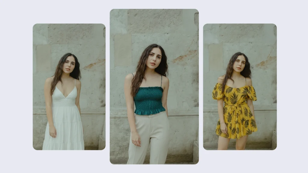 AI clothing model showcasing three stylish outfits for women, including a white summer dress, a green crop top with beige pants, and a yellow floral mini dress. Virtual try-on tool displaying how different fashion looks appear on the same model.