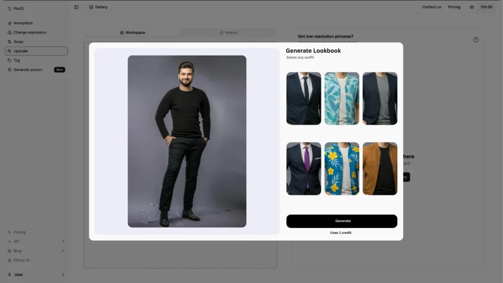 Digital wardrobe interface generating a lookbook for a male model with options including formal suits, casual blazers, and tropical vacation shirts. Virtual try-on platform allowing users to preview multiple fashion styles.