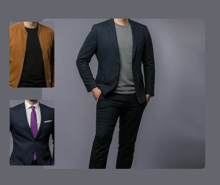 Male model wearing outfits ranging from casual to formal, including a brown jacket, navy suit with purple tie, and a smart casual blazer with grey shirt. Digital wardrobe technology showing style versatility for men.