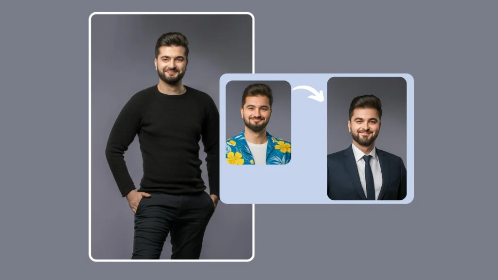 PiktID demonstrating outfit transformation from a casual vacation shirt with floral print to a formal business suit. Virtual try-on showcasing how AI can instantly change clothing styles on a model.