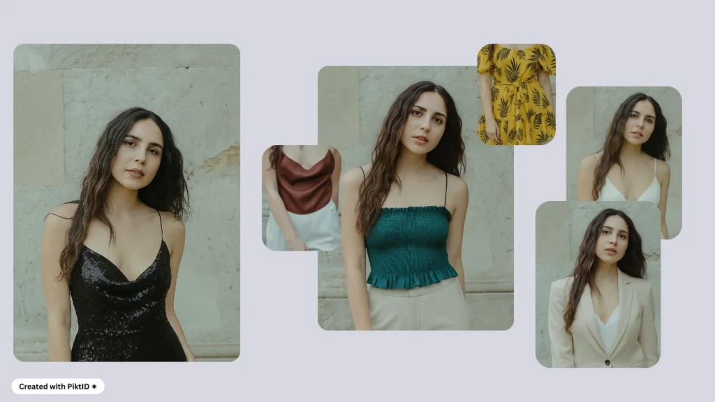 Model with long black hair styled in various outfits including a black sequin dress, green crop top, beige blazer, and yellow floral dress. Virtual try-on showcasing different fashion choices for women.