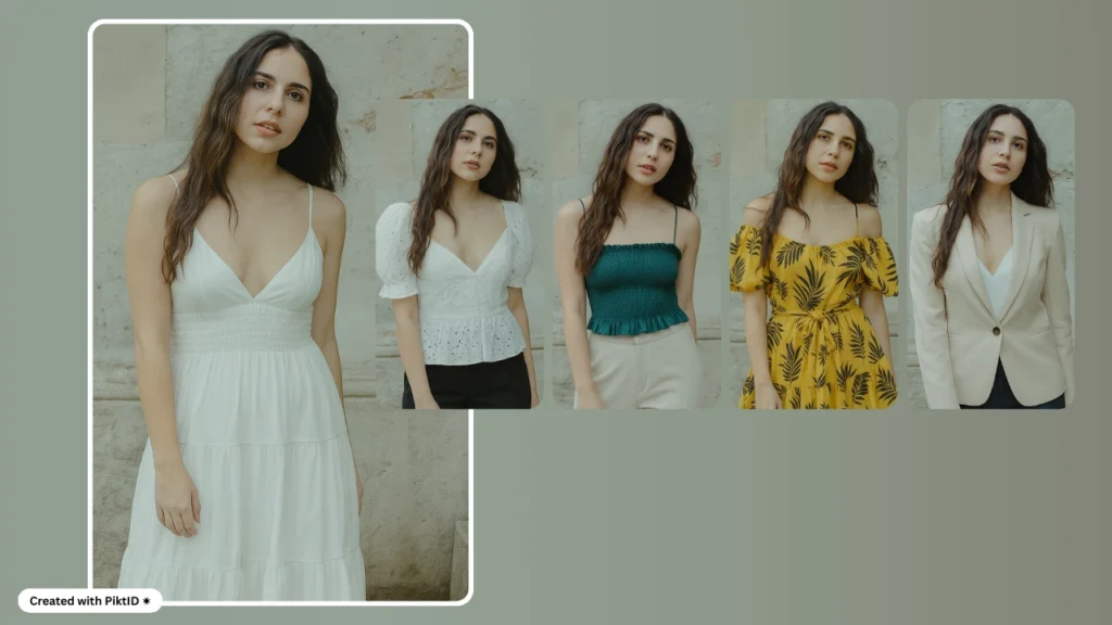 Fashion AI lookbook featuring a woman in multiple outfits such as a white sundress, white blouse, green crop top, yellow floral dress, and beige blazer. Virtual try-on technology presenting multiple clothing options in one frame.