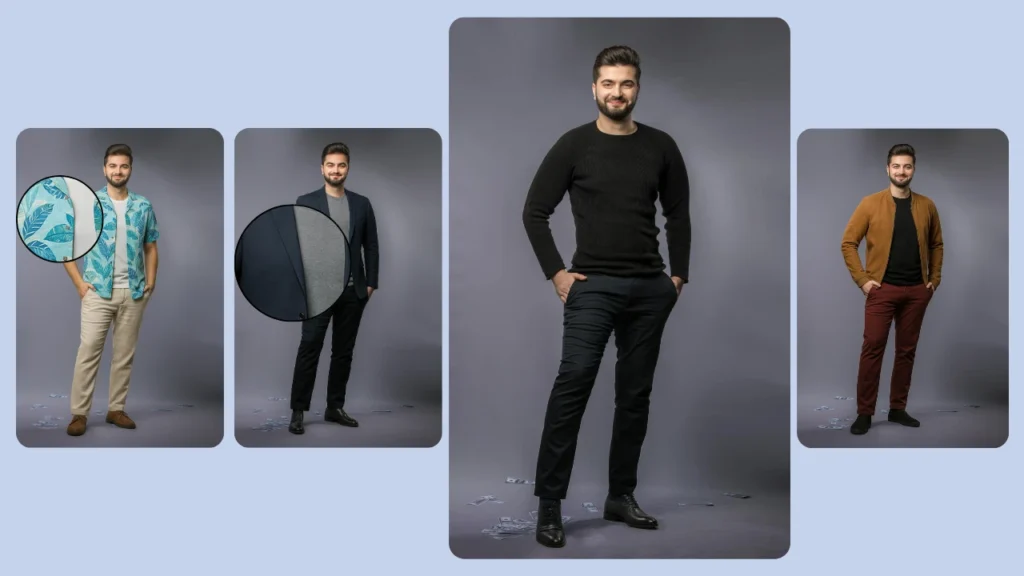 Male model in various outfits, including a casual Hawaiian shirt, brown jacket, and smart casual blazer with grey shirt. Digital try-on platform highlighting detailed close-up views of fabric and fit.