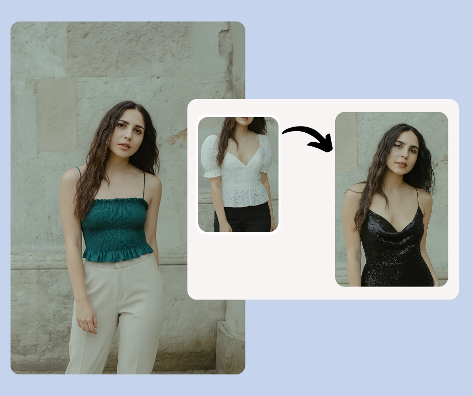 Fashion collage of a young woman modeling three different outfits: a green ruched top with beige pants, a white puff-sleeve blouse with black pants, and a black sequin camisole dress, showcasing women’s style inspiration for casual, chic, and evening looks.