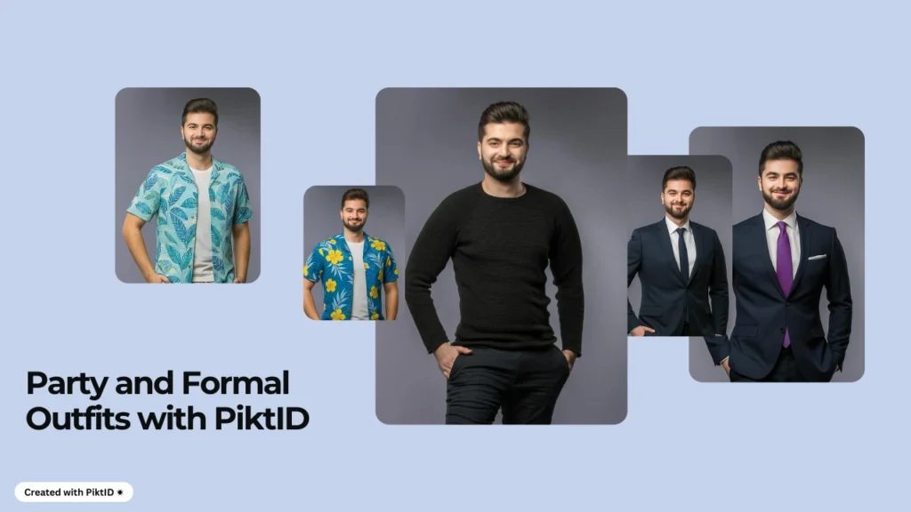 Male model wearing different outfits for parties and formal events, from tropical print shirts to tailored business suits. Virtual clothing try-on showcasing outfit versatility with PiktID.