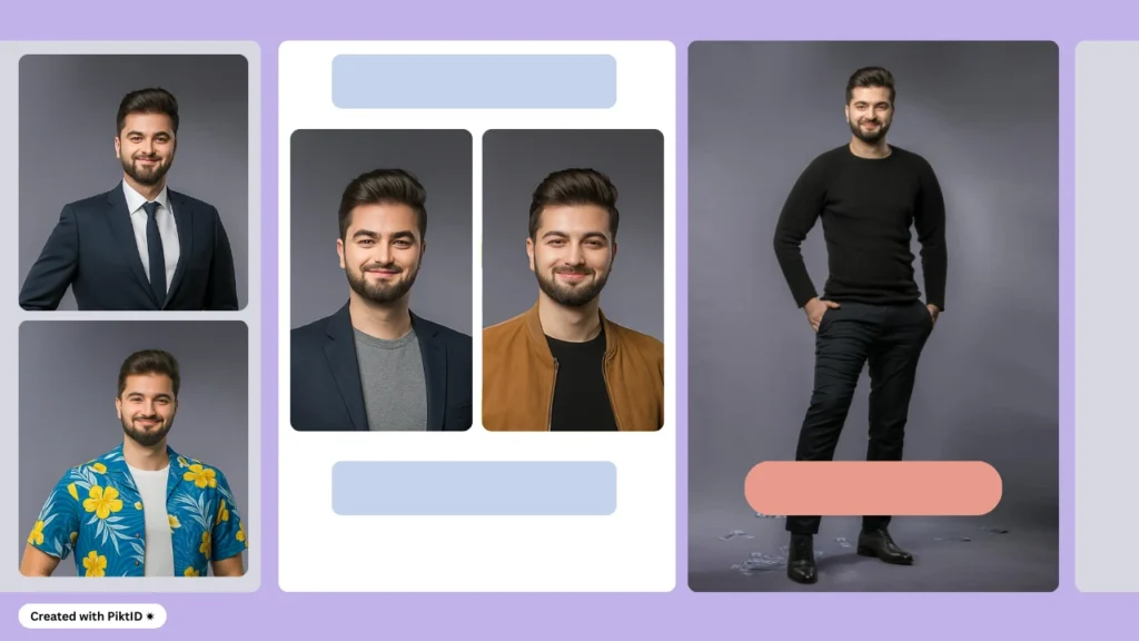 Collage of a male fashion model showcasing different outfits including a formal business suit, casual blazer with t-shirt, brown jacket, Hawaiian shirt, and a full-body look in black attire, ideal for men’s fashion, style inspiration, and outfit ideas.