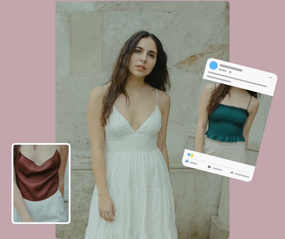 Fashion collage featuring a woman modeling a white summer dress, with inset images of her wearing a burgundy satin camisole and a green ruched top with beige pants, styled in a social media post layout for women’s fashion and outfit inspiration.