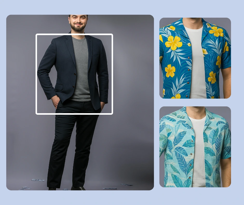 Fashion collage of a man modeling three different outfits: a smart-casual blazer with t-shirt, a blue Hawaiian shirt with yellow flowers, and a light blue tropical leaf shirt, showcasing men’s vacation fashion and summer outfit ideas.
