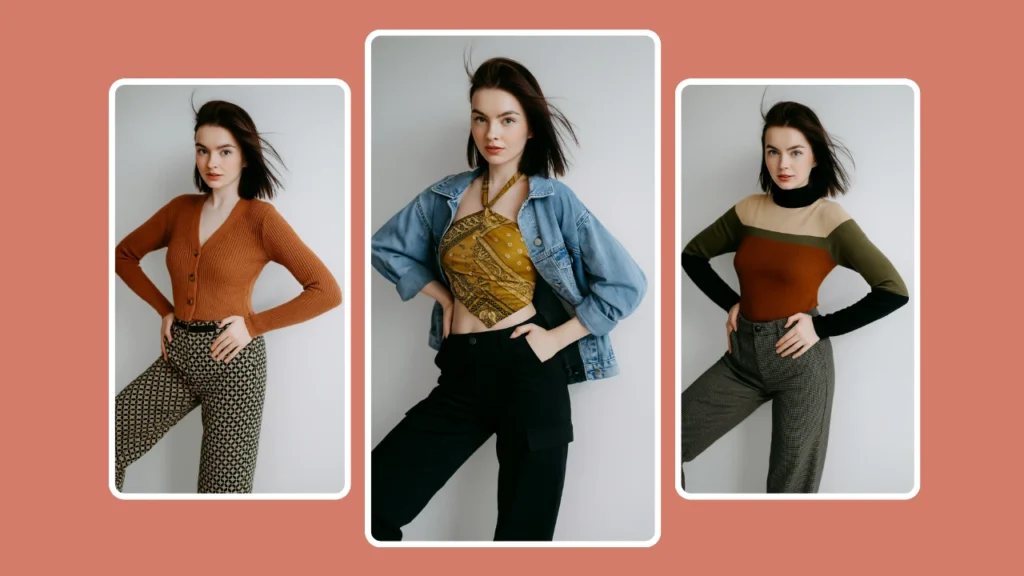 A woman with short dark hair models three different fall-inspired outfits, including a rust cardigan, a denim jacket with a patterned top, and a color-blocked turtleneck. The collage highlights a minimalist studio background and trendy casual styling.