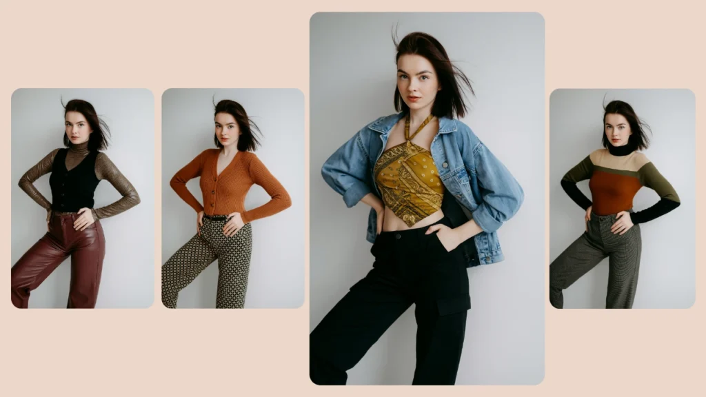 A young woman poses in four stylish outfits, ranging from patterned pants and knitwear to a denim jacket with a cropped top. The images are arranged in a modern layout with soft neutral tones.