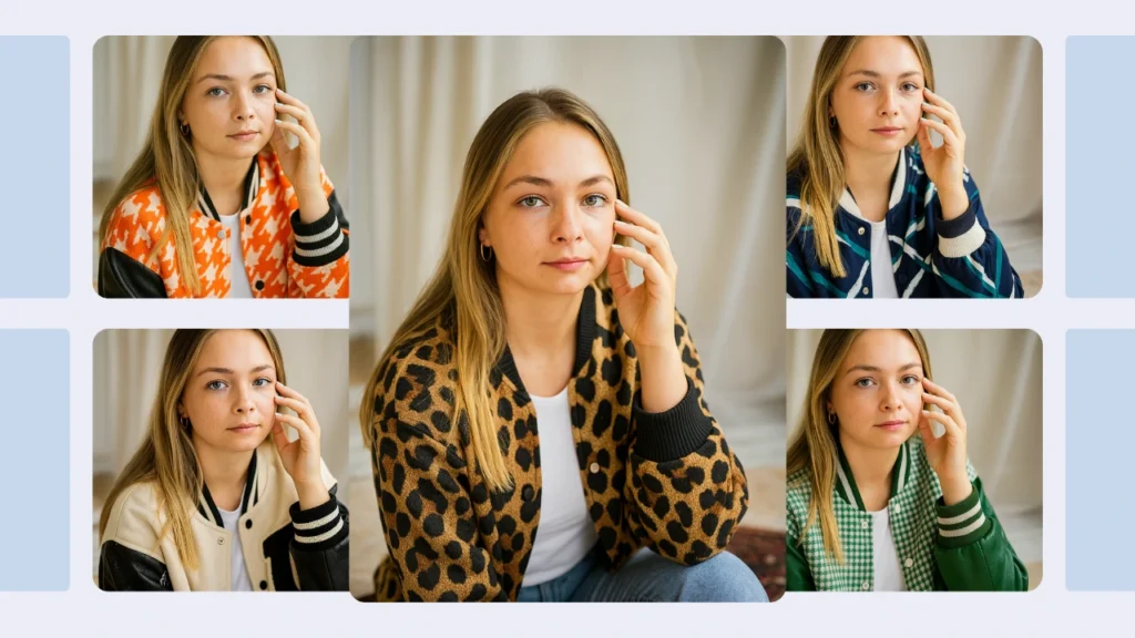 A blonde woman showcases five outfit variations featuring patterned jackets, neutrals, and colorful prints. The collage emphasizes facial expressions and outerwear styling in a bright indoor setting.