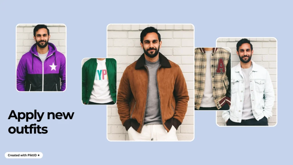 A man stands in the center wearing a brown jacket while smaller images around him show alternative outfits like hoodies and bomber jackets. The design promotes virtual outfit changes and fashion styling created using AI Dress up
