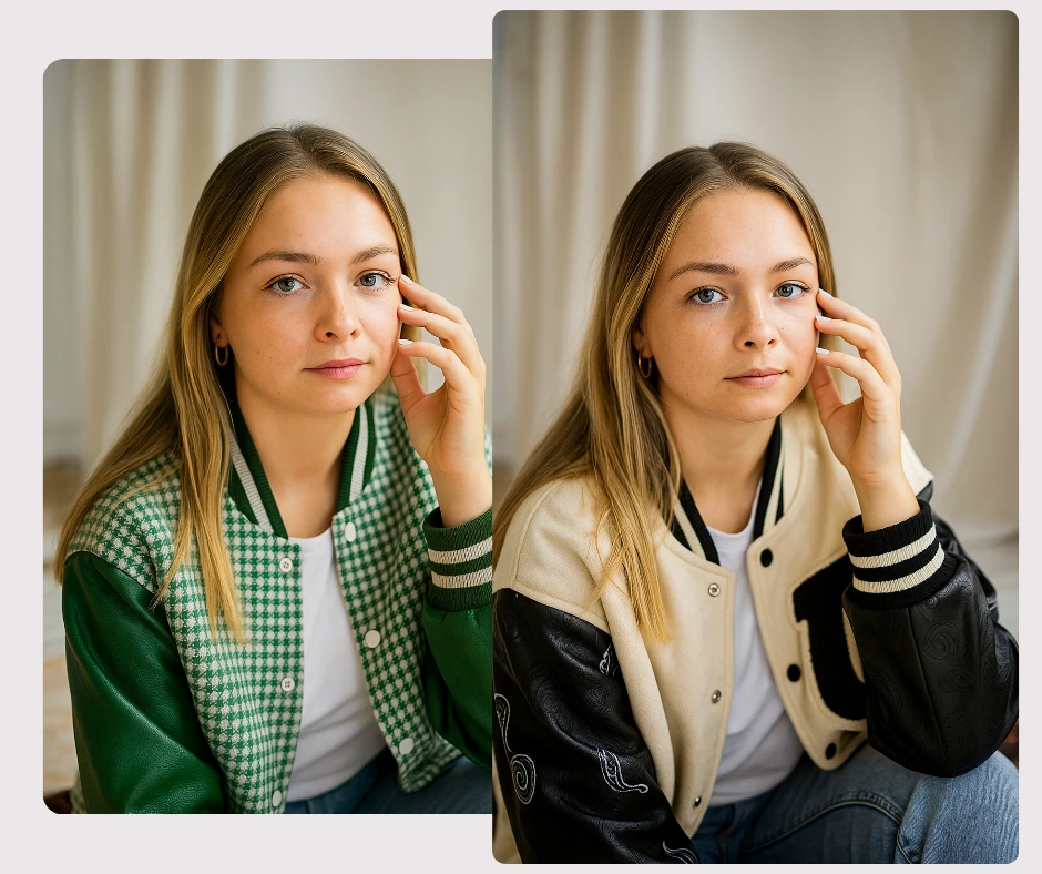 A young blonde woman poses in two different varsity-style jackets, one green and one cream with black sleeves. The side-by-side layout highlights outfit comparison and styling variety.