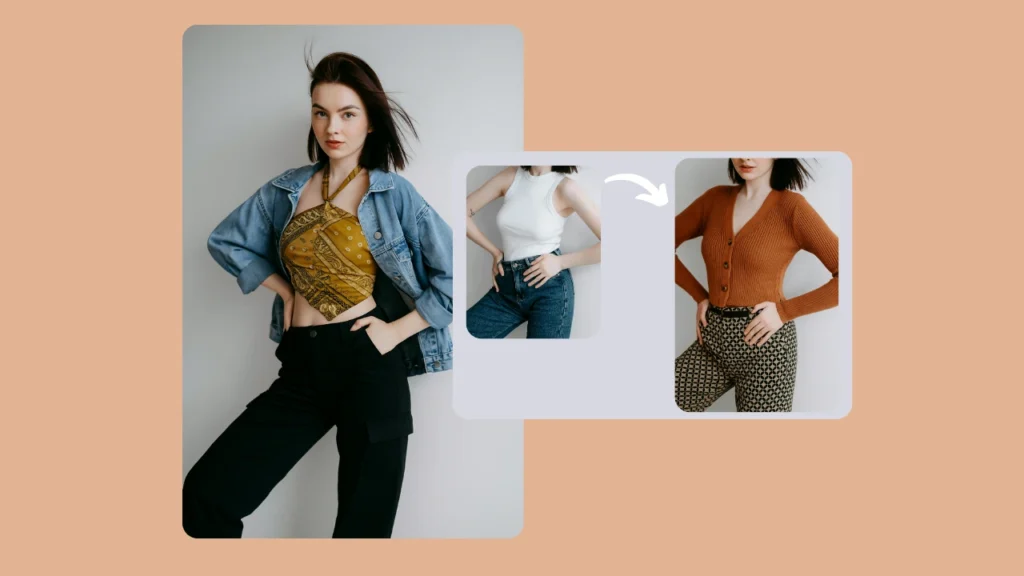 A central image of a woman in a jean jacket and crop top is paired with smaller photos showing her in different tops and pants. The visual highlights digital outfit switching with an arrow indicating the wardrobe transformation.
