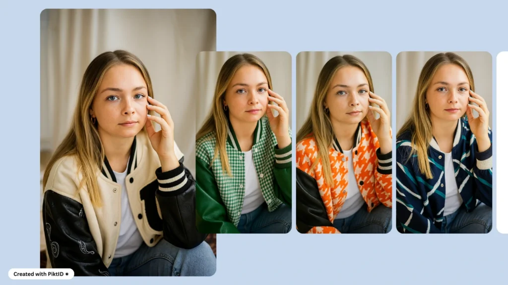 A young blonde woman sits indoors wearing different digitally generated varsity jacket styles. The image showcases AI dress up variations in green, orange, navy, and cream tones.