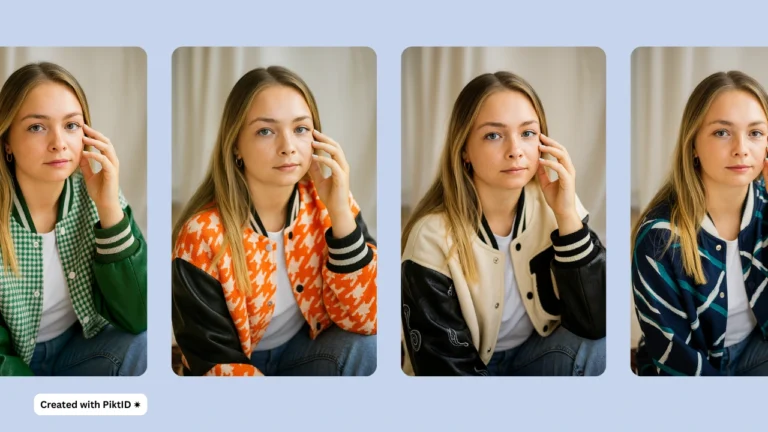 AI-generated fashion collage showing a blonde woman in four different jacket designs and poses. Use AI Dress up by PiktID in each style highlights how virtual wardrobe changes can transform the same model’s look.