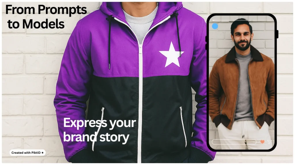 A man models a purple and black zip-up hoodie with a white star graphic, next to a phone mockup showing another man in a brown suede jacket. The image promotes AI fashion tools that turn prompts into outfit models.