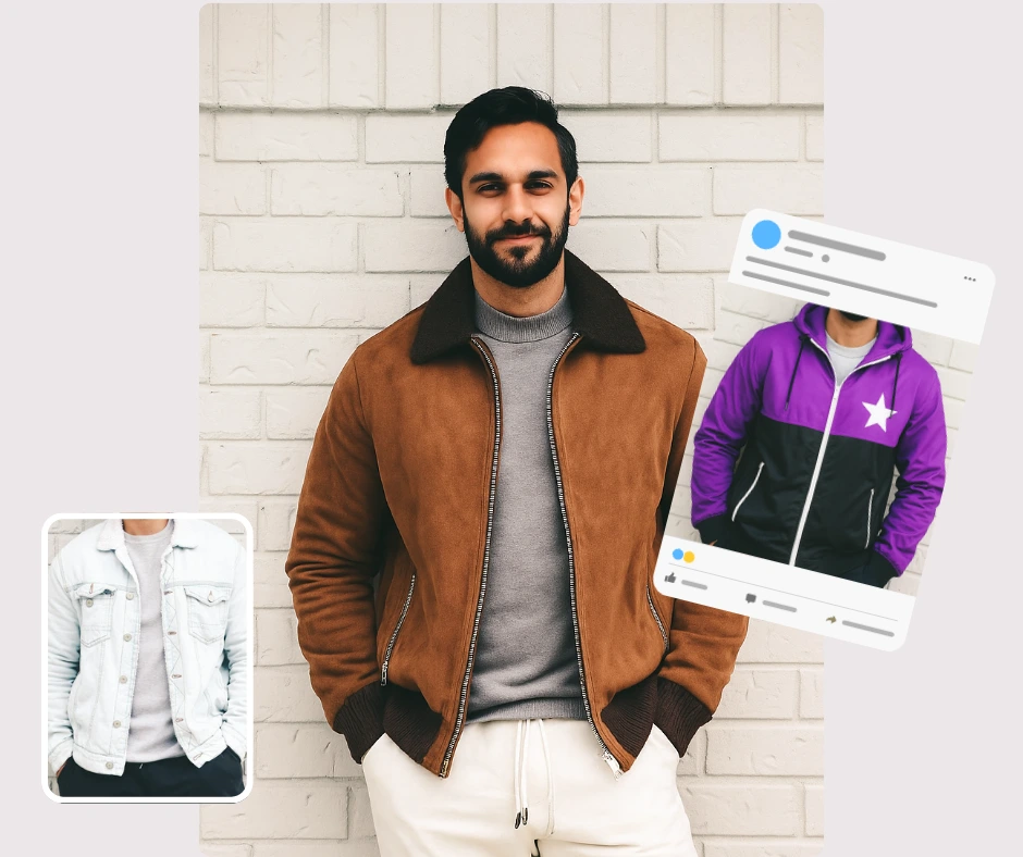 A man in a brown suede jacket stands against a white brick wall with smaller overlays showing alternate jacket styles. The composition emphasizes outfit transformation and social media styling previews.