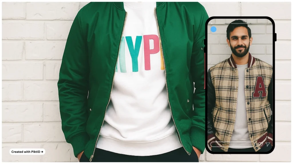 A model wears a green bomber jacket and graphic sweatshirt beside a smartphone display of a man in a beige plaid varsity jacket. The image illustrates AI clothing previews for men’s outerwear.