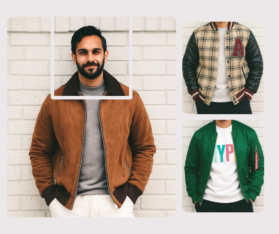 The same man is centered wearing a neutral jacket while surrounding images display other jacket options like plaid and green bomber styles. The design showcases face-based outfit selection and clothing personalization.