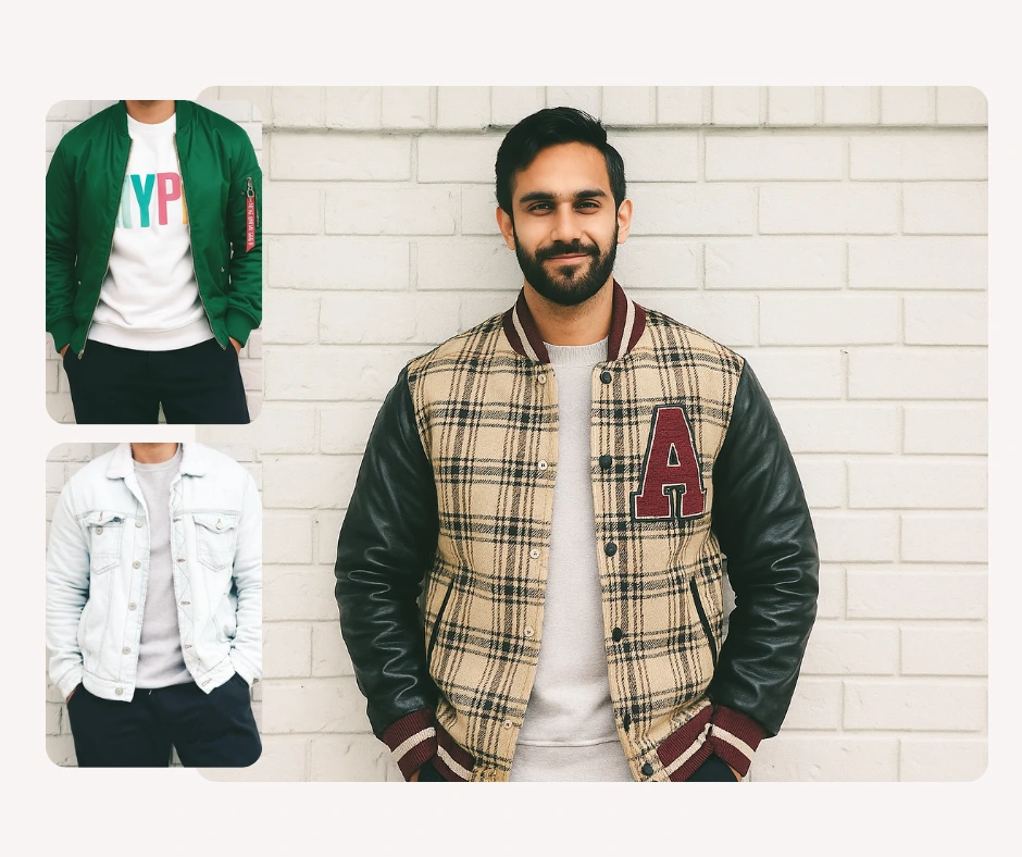 The man models a plaid varsity jacket with two smaller outfit thumbnails featuring green and light denim jackets. The image demonstrates AI dress up and wardrobe variety.