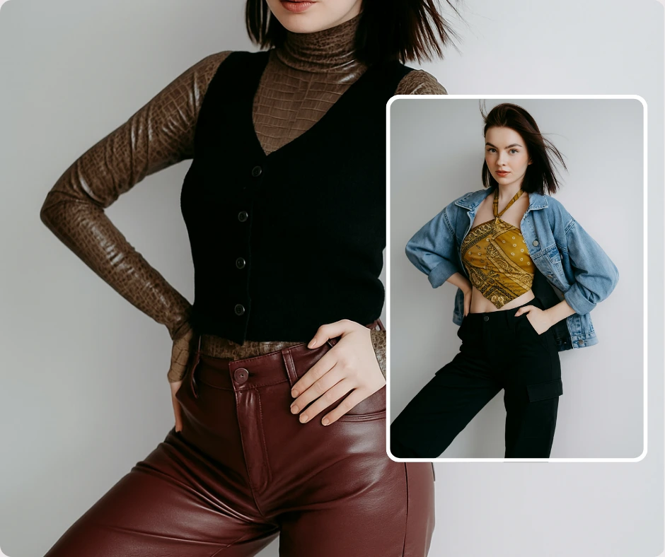 A woman with short dark hair is shown in two different outfits, one with leather pants and a black vest and another featuring a denim jacket and printed top. The image focuses on style changes and clothing versatility.