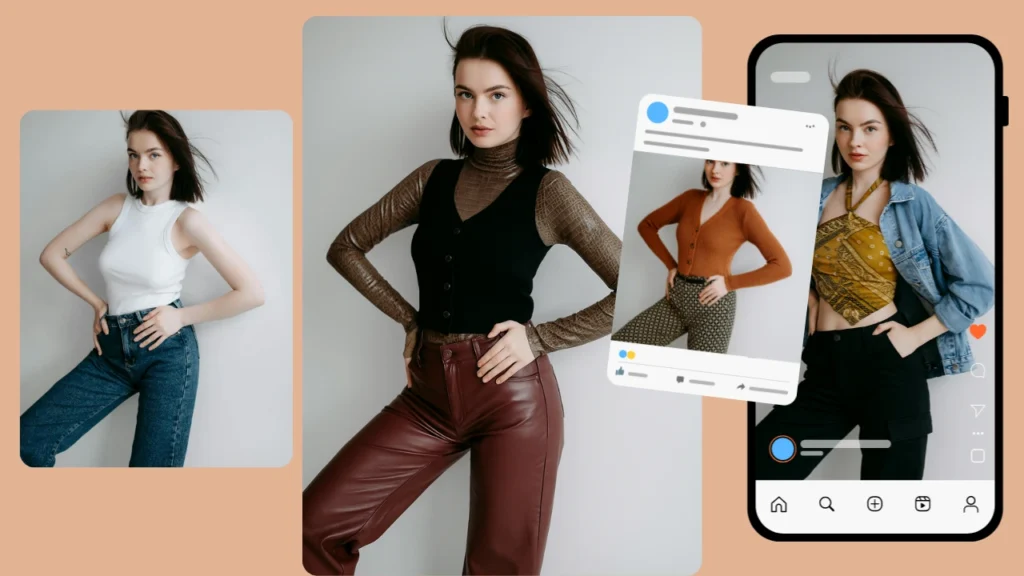 A brunette woman poses in several AI-generated outfits across Instagram and Facebook-style mockups. The graphics highlight virtual fashion styling for social media content creation.