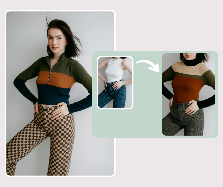 The woman appears in checkered pants and a color-block zip sweater next to a transformation panel that swaps her into alternative tops and pants. It visually represents virtual outfit try-ons and customizable looks.