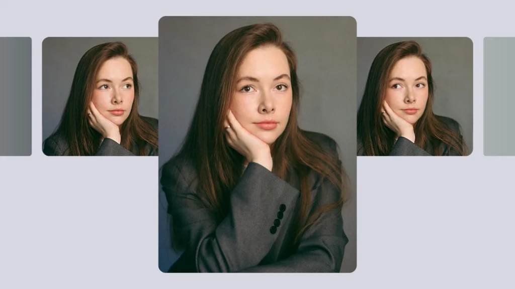 Una joven con un blazer gris apoya el rostro en la mano mientras muestra diferentes y sutiles expresiones faciales. El diseño presenta varias versiones recortadas del mismo retrato, dispuestas una junto a la otra sobre un fondo gris suave.