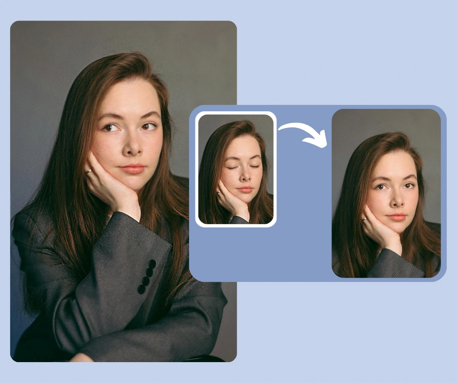 Una joven con un blazer gris apoya la cara en la mano mientras mira a un lado. Un recuadro más pequeño muestra una versión editada de su mirada, desplazada hacia adelante, que resalta la corrección del contacto visual con IA.