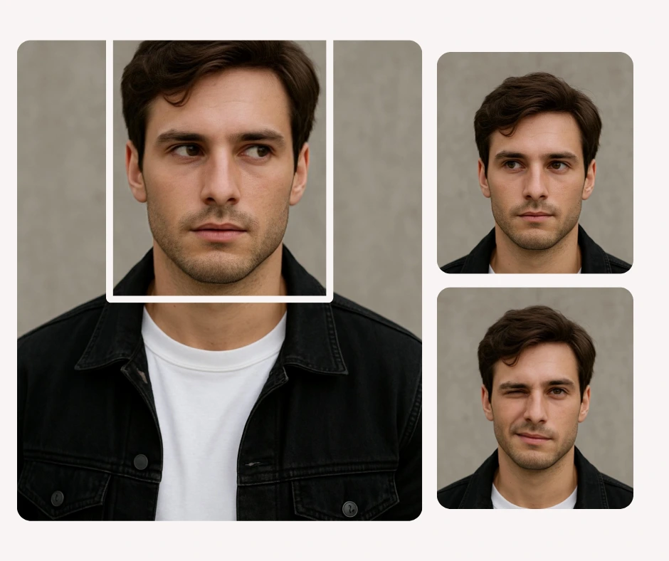 Un hombre de cabello oscuro con chaqueta negra se muestra en múltiples poses con diferentes expresiones faciales. El diseño resalta cómo cambia la dirección de su mirada en los retratos editados.