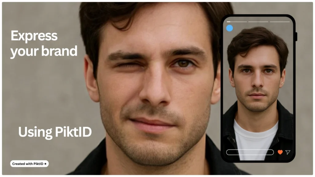 En la foto principal, un hombre posa para la cámara con un ojo cerrado, mientras una maqueta de smartphone muestra su expresión neutra. El texto «Expresa tu marca con PiktID» aparece junto al retrato sobre un fondo suave.