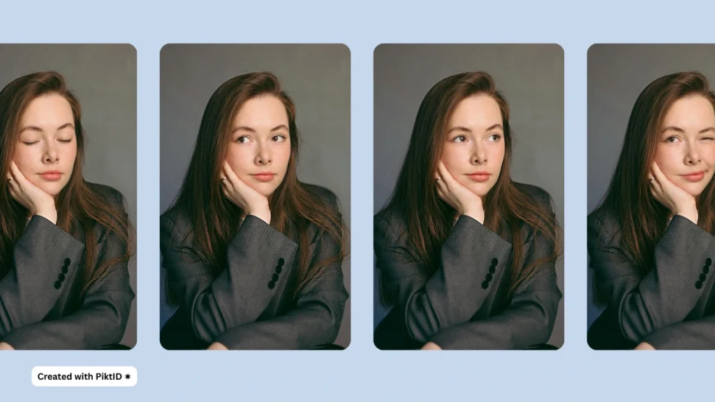 Una mujer con un blazer gris se muestra en cuatro poses, una junto a la otra, con diferentes gestos oculares, desde los ojos cerrados hasta un guiño juguetón mediante contacto visual con IA. El fondo azul claro realza el enfoque en sus cambiantes expresiones faciales.