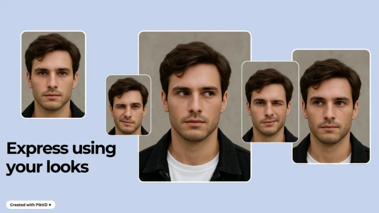 Múltiples retratos de un hombre con diferentes ángulos de cabeza y expresiones, incluyendo un guiño y una pose neutra, se muestran en un collage creado mediante contacto visual con IA por PiktID. El texto "Exprésate con tu mirada" aparece a la izquierda sobre un fondo azul pastel.
