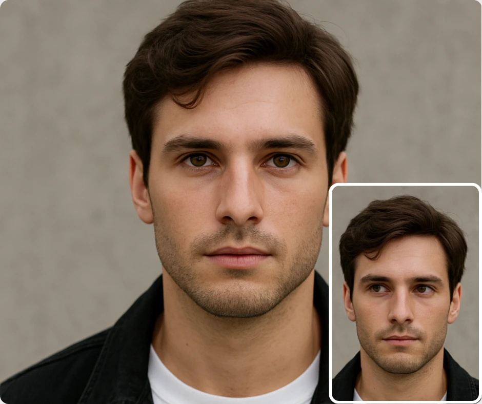 Retrato en primer plano de un hombre con chaqueta negra sobre un fondo neutro, con una imagen insertada que lo muestra mirando ligeramente hacia otro lado. Las imágenes enfatizan los ajustes realistas del contacto visual.