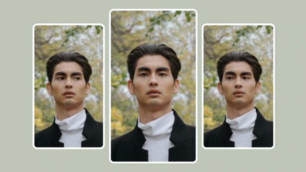 Un hombre de cabello oscuro peinado hacia atrás, con abrigo negro y jersey blanco de cuello alto, aparece en tres retratos, uno junto al otro, sobre un fondo borroso de árboles otoñales. Las imágenes enfatizan su expresión facial y su mirada neutra.