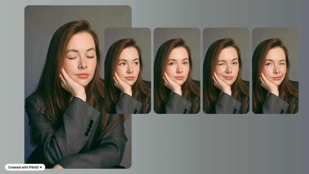 Una joven de cabello castaño largo con una chaqueta gris se presenta en una fila de cinco poses, cada una con una expresión diferente, desde ojos cerrados hasta guiños. El fondo y el encuadre uniformes resaltan los sutiles cambios faciales.