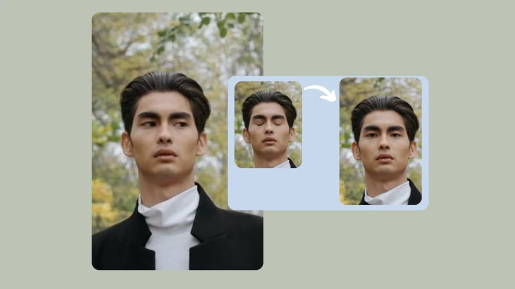 El retrato de un hombre con el pelo engominado hacia atrás, con un jersey de cuello alto blanco y un abrigo negro, muestra una transición de ojos cerrados a ojos abiertos en una disposición paralela con un gráfico de flechas. El fondo presenta un suave follaje otoñal.