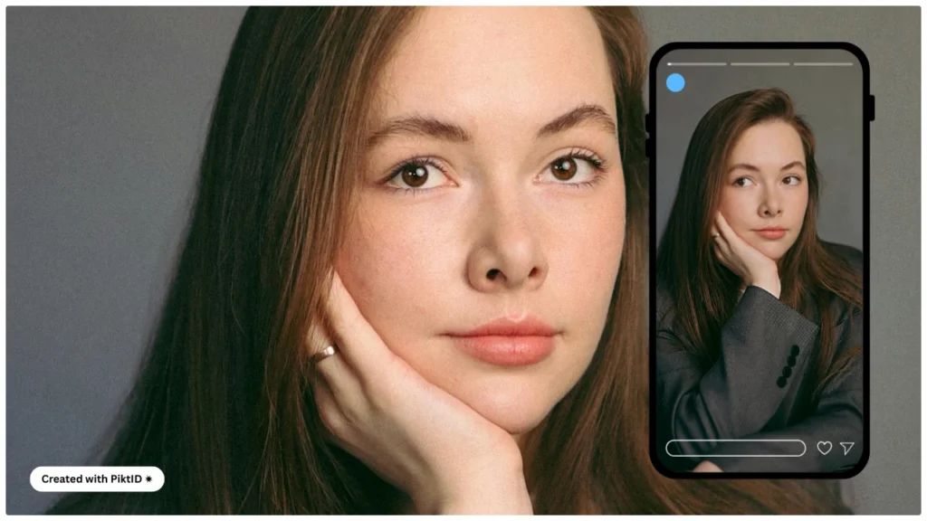 Un primer plano de una mujer con la cabeza apoyada en la mano aparece junto a una pantalla simulada de smartphone que muestra el mismo retrato. La composición imita el diseño de una historia o publicación en redes sociales con un fondo gris suave.