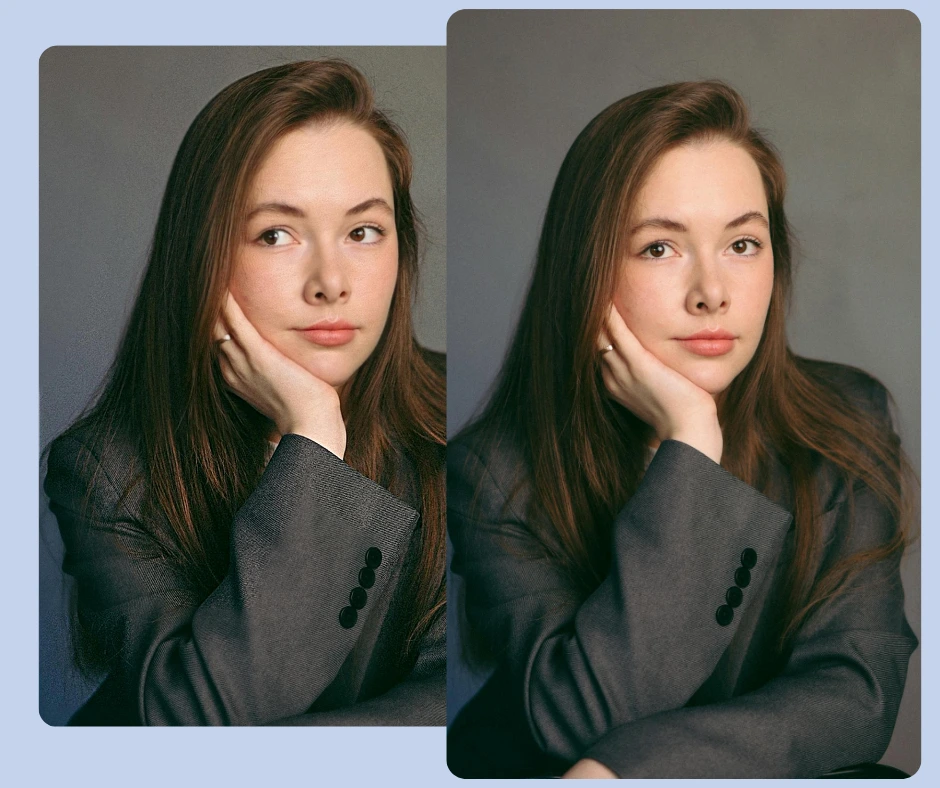 Una mujer de cabello castaño largo con una chaqueta gris posa con la mano sobre el rostro. Dos fotos, una junto a la otra, muestran sutiles diferencias en la dirección de su mirada y su expresión facial.